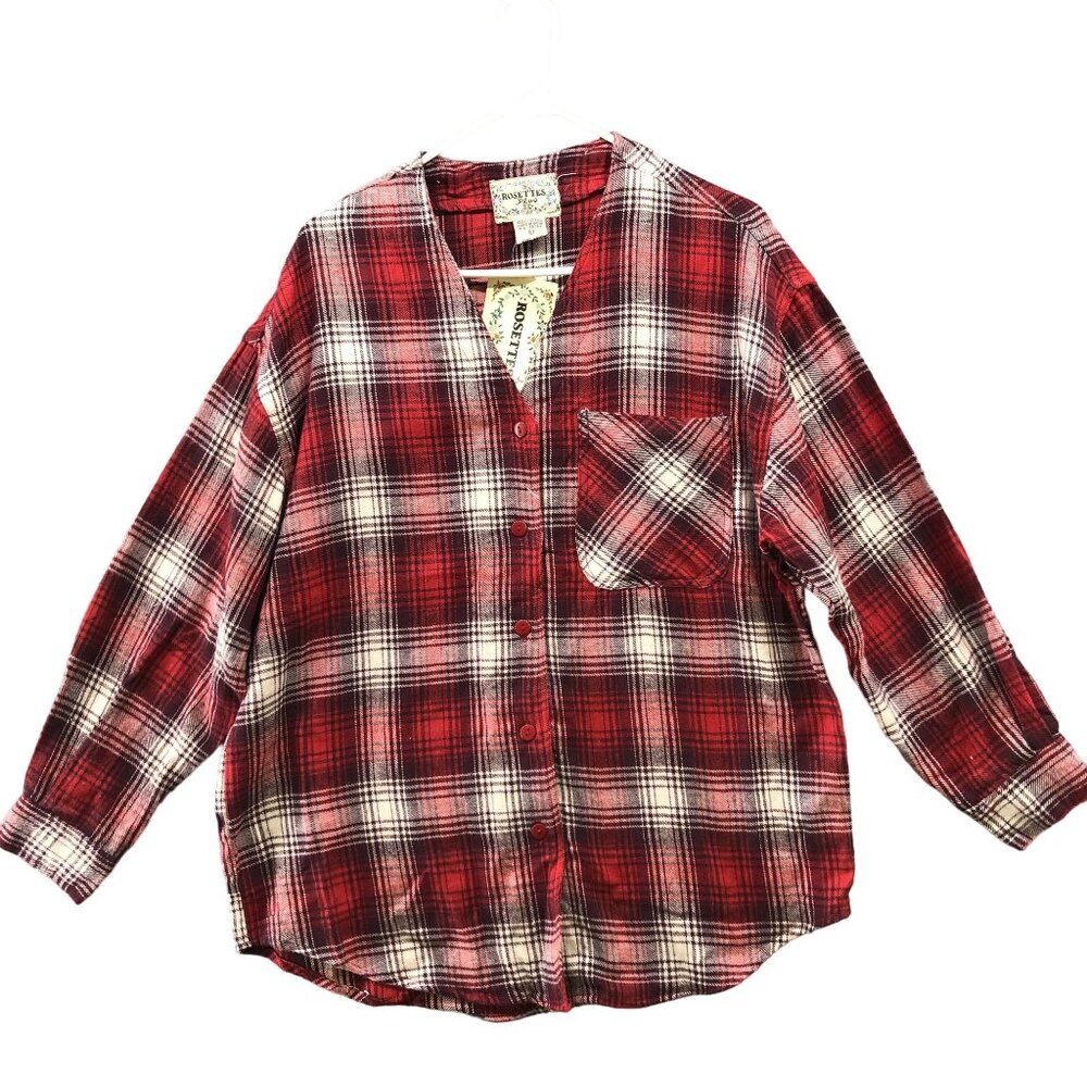 NWT Rosettes Flannel Shirt Womens L Red Buffalo Plaid V-neck Button Down‎ Boho
